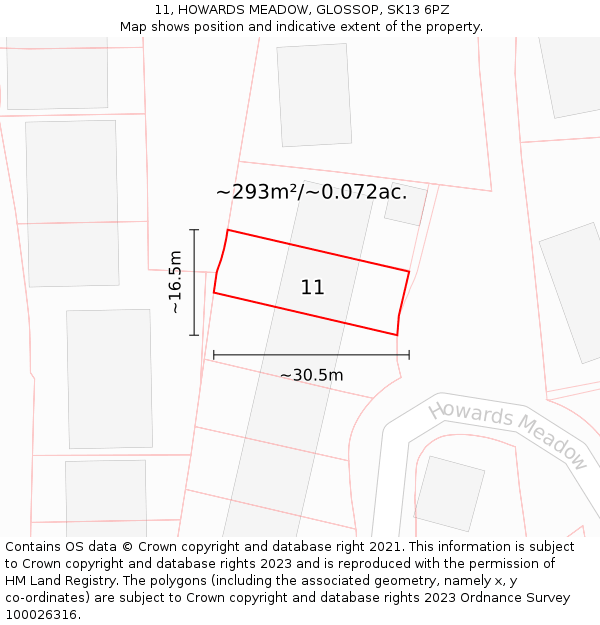 11, HOWARDS MEADOW, GLOSSOP, SK13 6PZ: Plot and title map