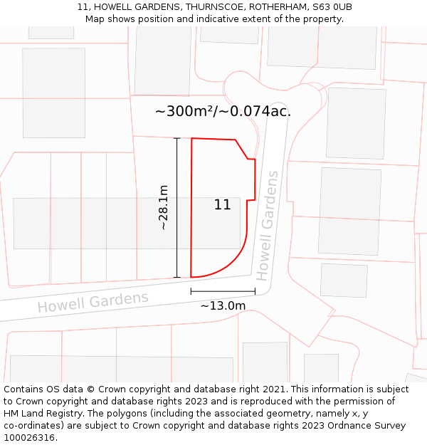 11, HOWELL GARDENS, THURNSCOE, ROTHERHAM, S63 0UB: Plot and title map