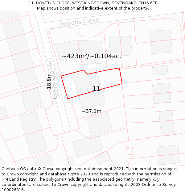 11, HOWELLS CLOSE, WEST KINGSDOWN, SEVENOAKS, TN15 6EE: Plot and title map