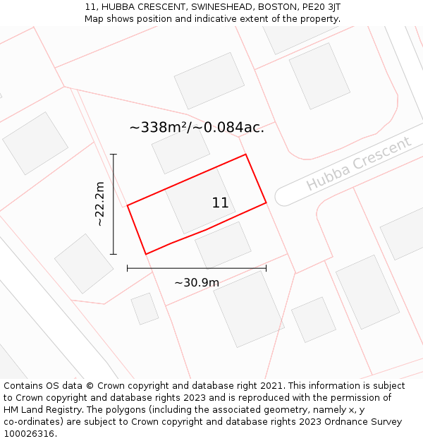 11, HUBBA CRESCENT, SWINESHEAD, BOSTON, PE20 3JT: Plot and title map