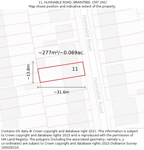 11, HUNNABLE ROAD, BRAINTREE, CM7 2NU: Plot and title map