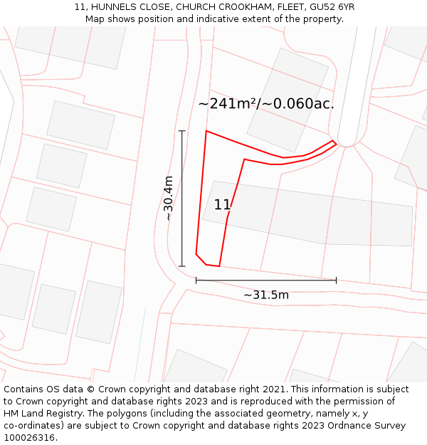 11, HUNNELS CLOSE, CHURCH CROOKHAM, FLEET, GU52 6YR: Plot and title map