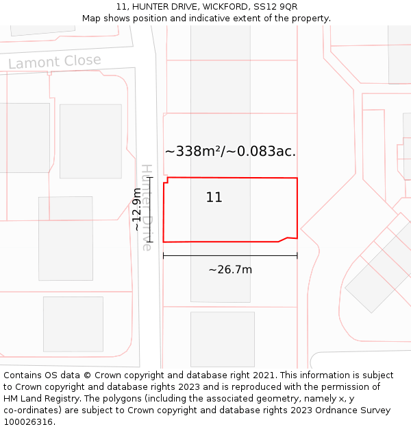 11, HUNTER DRIVE, WICKFORD, SS12 9QR: Plot and title map