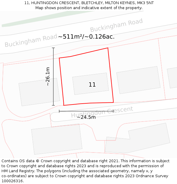 11, HUNTINGDON CRESCENT, BLETCHLEY, MILTON KEYNES, MK3 5NT: Plot and title map