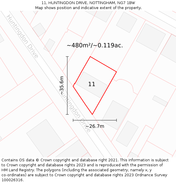 11, HUNTINGDON DRIVE, NOTTINGHAM, NG7 1BW: Plot and title map