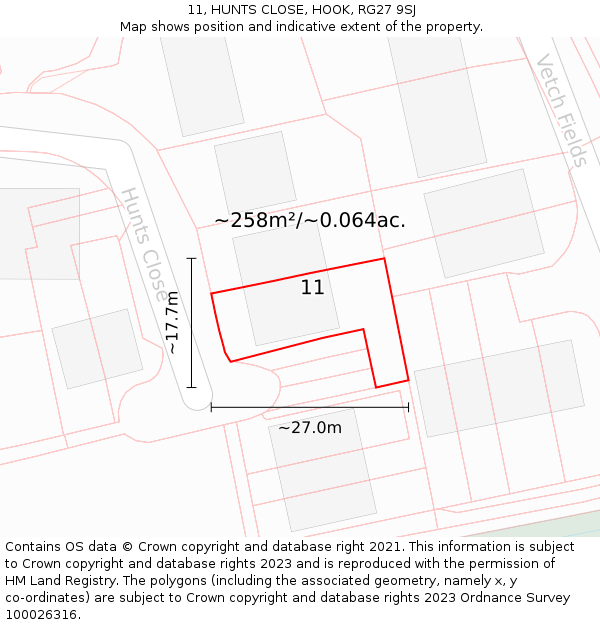 11, HUNTS CLOSE, HOOK, RG27 9SJ: Plot and title map