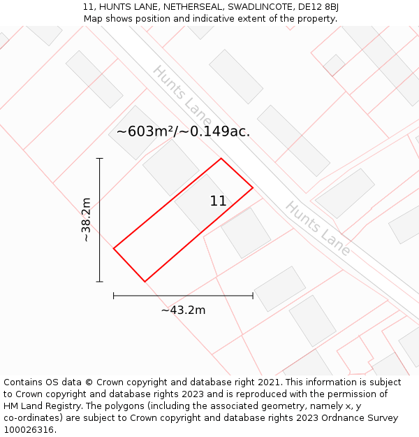 11, HUNTS LANE, NETHERSEAL, SWADLINCOTE, DE12 8BJ: Plot and title map