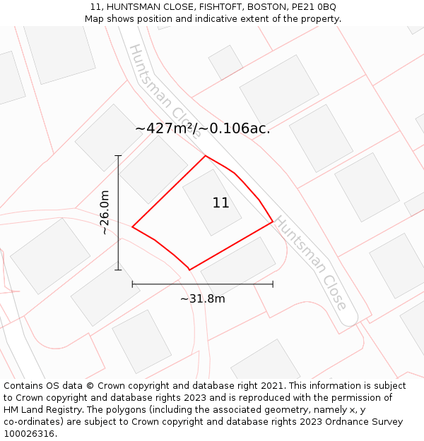 11, HUNTSMAN CLOSE, FISHTOFT, BOSTON, PE21 0BQ: Plot and title map