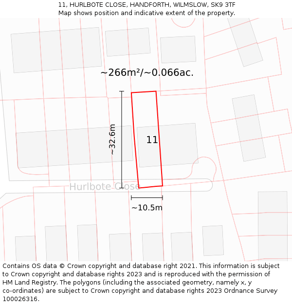 11, HURLBOTE CLOSE, HANDFORTH, WILMSLOW, SK9 3TF: Plot and title map