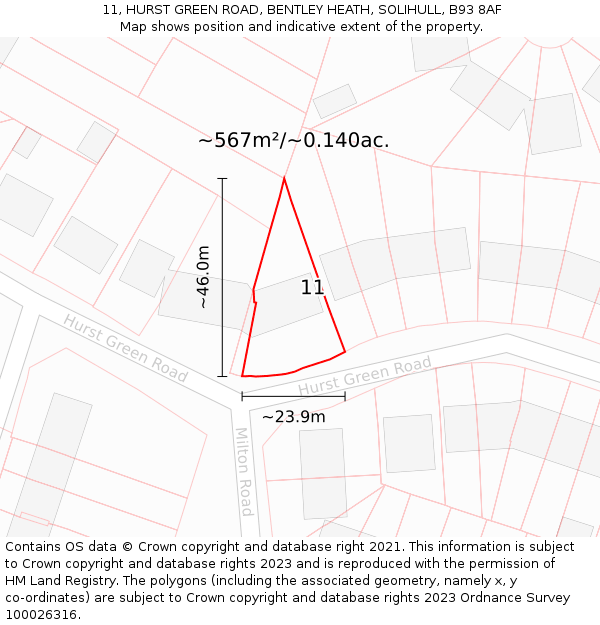 11, HURST GREEN ROAD, BENTLEY HEATH, SOLIHULL, B93 8AF: Plot and title map