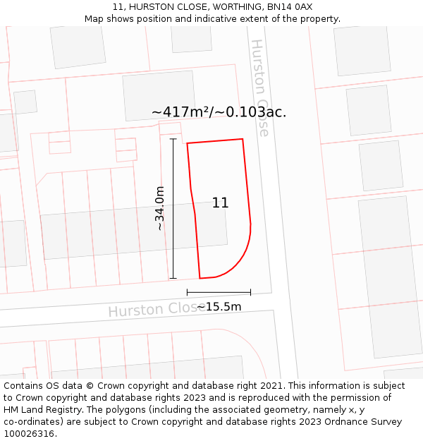 11, HURSTON CLOSE, WORTHING, BN14 0AX: Plot and title map
