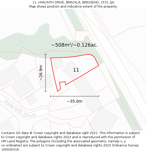 11, HYACINTH DRIVE, BRACKLA, BRIDGEND, CF31 2JX: Plot and title map