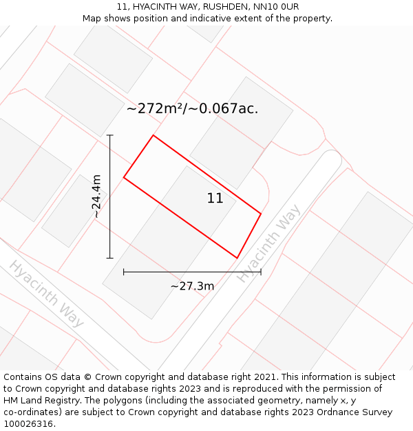 11, HYACINTH WAY, RUSHDEN, NN10 0UR: Plot and title map