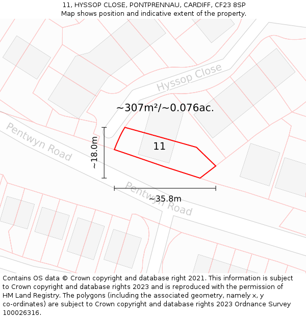 11, HYSSOP CLOSE, PONTPRENNAU, CARDIFF, CF23 8SP: Plot and title map