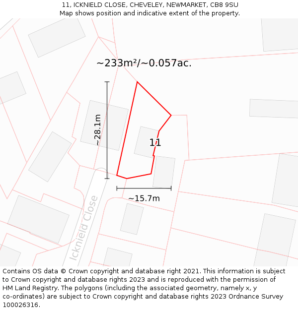 11, ICKNIELD CLOSE, CHEVELEY, NEWMARKET, CB8 9SU: Plot and title map