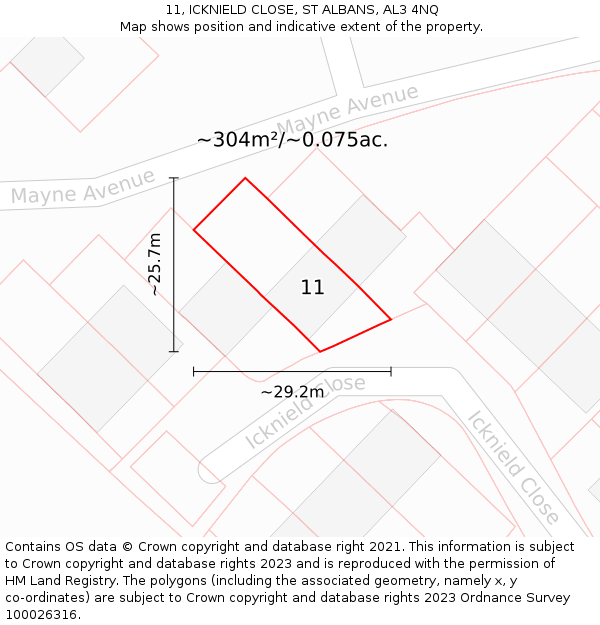 11, ICKNIELD CLOSE, ST ALBANS, AL3 4NQ: Plot and title map