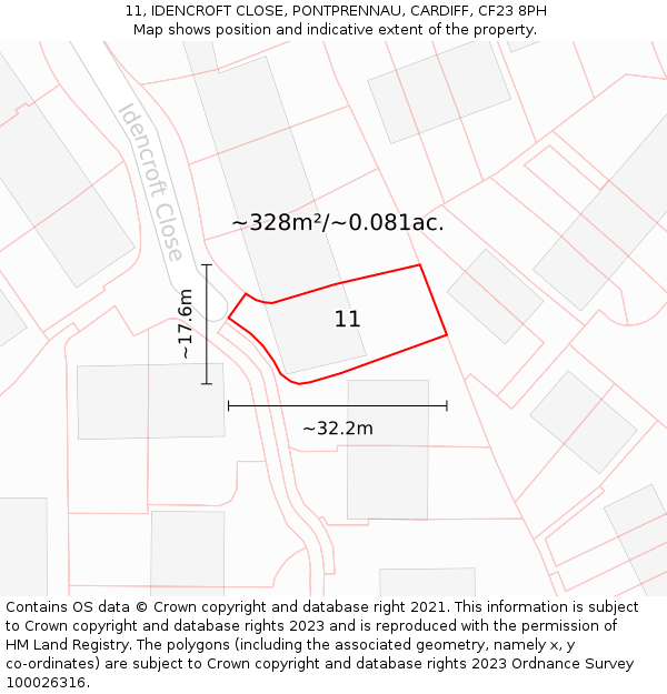 11, IDENCROFT CLOSE, PONTPRENNAU, CARDIFF, CF23 8PH: Plot and title map