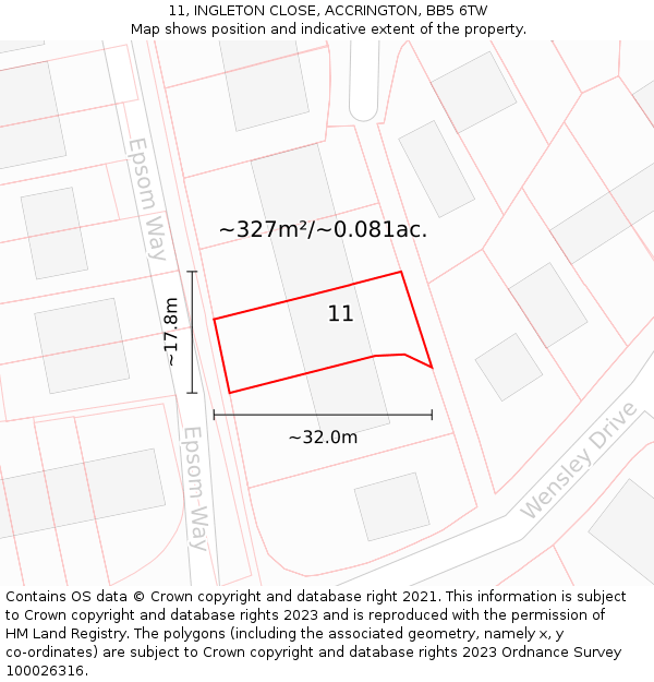 11, INGLETON CLOSE, ACCRINGTON, BB5 6TW: Plot and title map