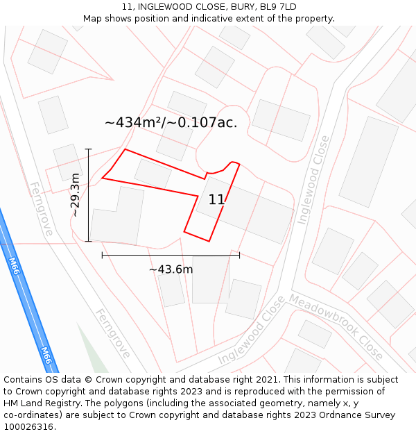 11, INGLEWOOD CLOSE, BURY, BL9 7LD: Plot and title map
