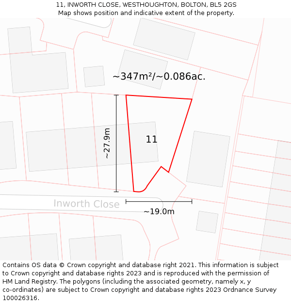 11, INWORTH CLOSE, WESTHOUGHTON, BOLTON, BL5 2GS: Plot and title map