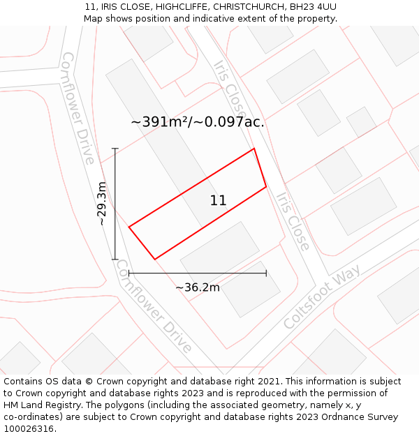 11, IRIS CLOSE, HIGHCLIFFE, CHRISTCHURCH, BH23 4UU: Plot and title map