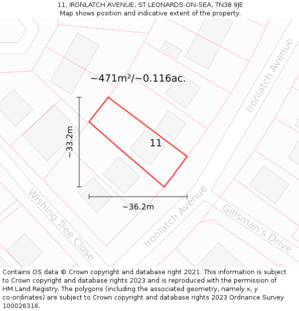 11, IRONLATCH AVENUE, ST LEONARDS-ON-SEA, TN38 9JE: Plot and title map