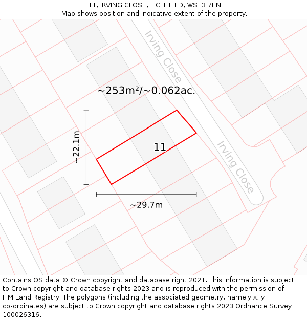 11, IRVING CLOSE, LICHFIELD, WS13 7EN: Plot and title map