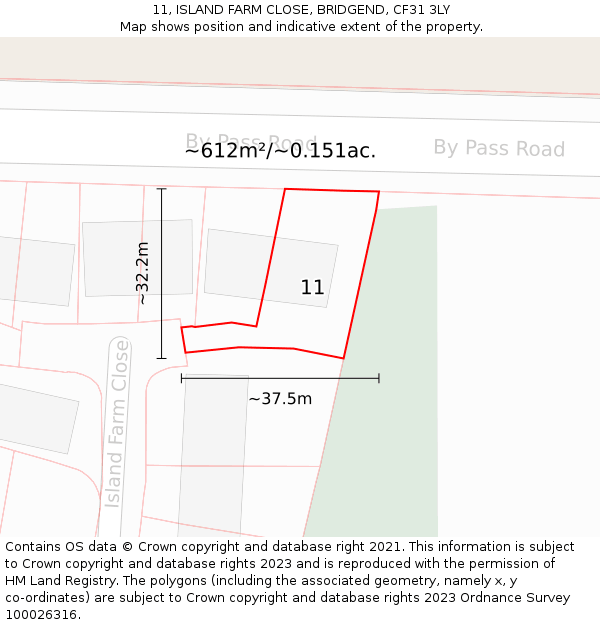 11, ISLAND FARM CLOSE, BRIDGEND, CF31 3LY: Plot and title map