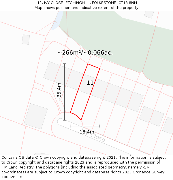 11, IVY CLOSE, ETCHINGHILL, FOLKESTONE, CT18 8NH: Plot and title map