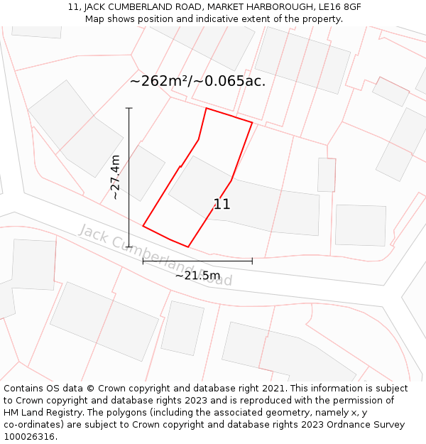 11, JACK CUMBERLAND ROAD, MARKET HARBOROUGH, LE16 8GF: Plot and title map