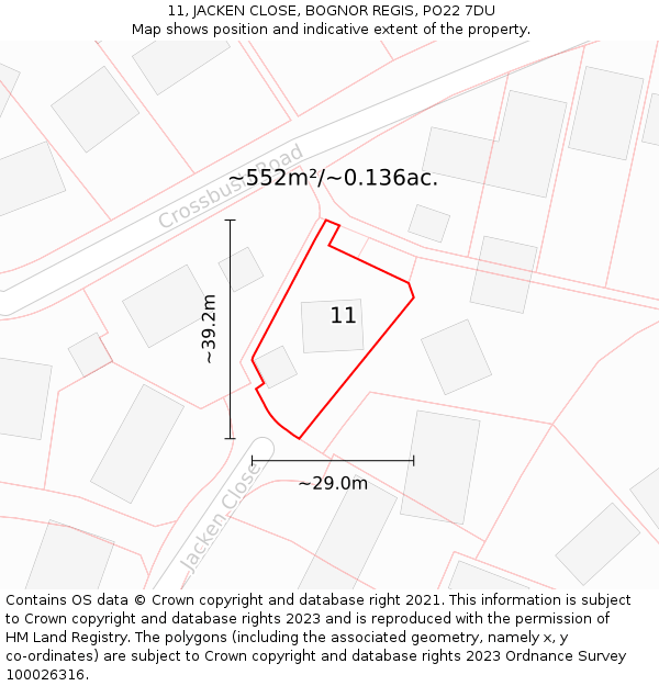 11, JACKEN CLOSE, BOGNOR REGIS, PO22 7DU: Plot and title map