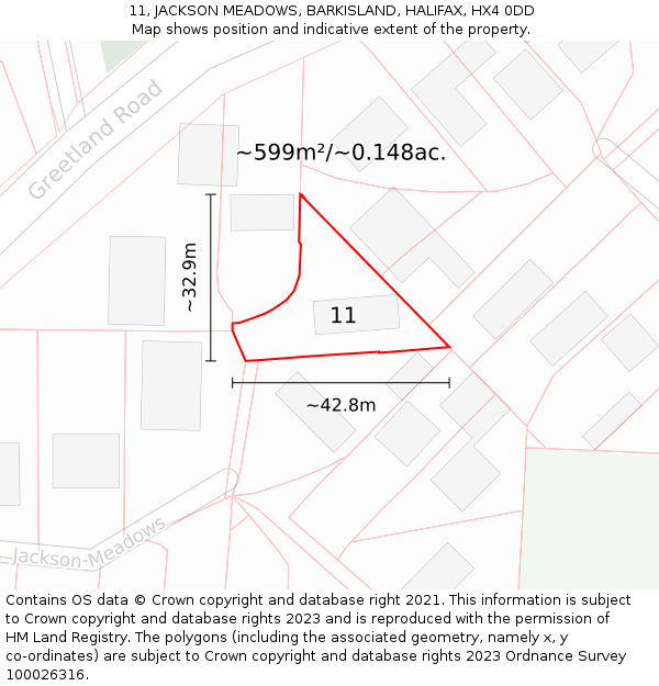 11, JACKSON MEADOWS, BARKISLAND, HALIFAX, HX4 0DD: Plot and title map