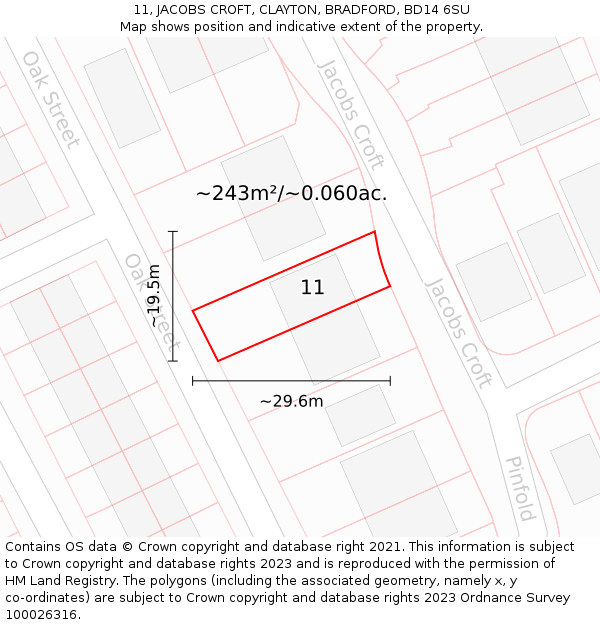11, JACOBS CROFT, CLAYTON, BRADFORD, BD14 6SU: Plot and title map