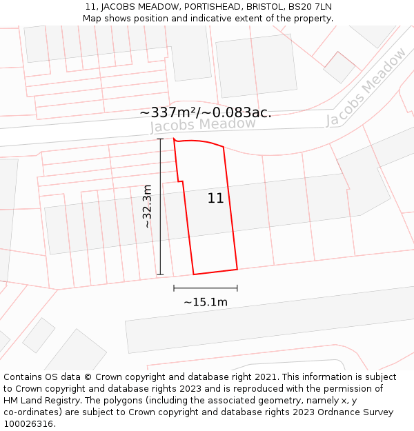 11, JACOBS MEADOW, PORTISHEAD, BRISTOL, BS20 7LN: Plot and title map