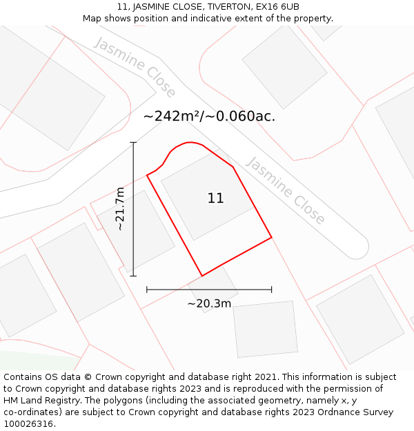 11, JASMINE CLOSE, TIVERTON, EX16 6UB: Plot and title map