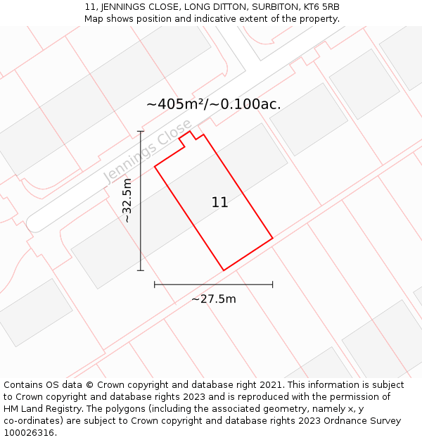 11, JENNINGS CLOSE, LONG DITTON, SURBITON, KT6 5RB: Plot and title map