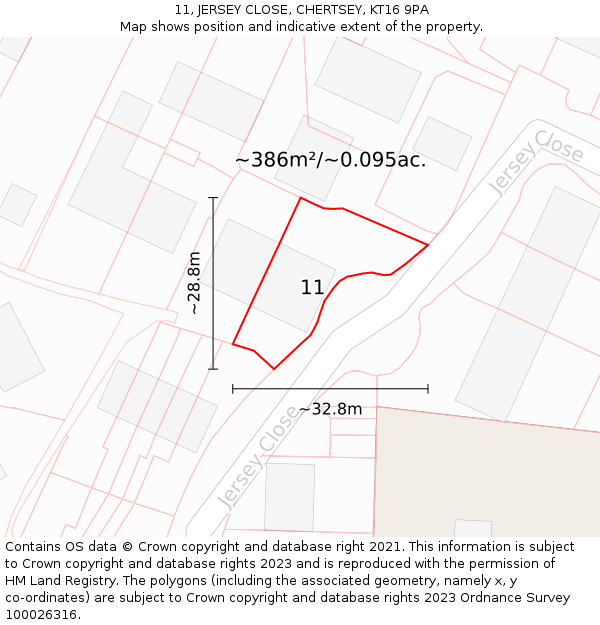 11, JERSEY CLOSE, CHERTSEY, KT16 9PA: Plot and title map