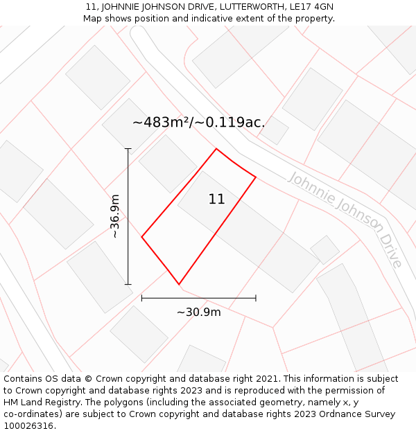 11, JOHNNIE JOHNSON DRIVE, LUTTERWORTH, LE17 4GN: Plot and title map