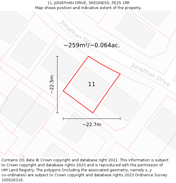11, JONATHAN DRIVE, SKEGNESS, PE25 1RR: Plot and title map