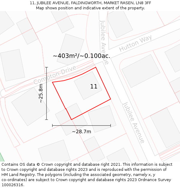 11, JUBILEE AVENUE, FALDINGWORTH, MARKET RASEN, LN8 3FF: Plot and title map