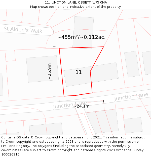 11, JUNCTION LANE, OSSETT, WF5 0HA: Plot and title map