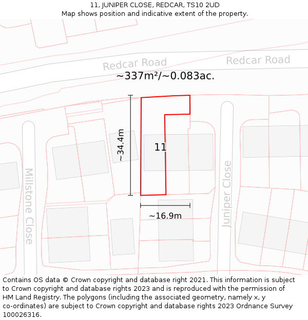 11, JUNIPER CLOSE, REDCAR, TS10 2UD: Plot and title map