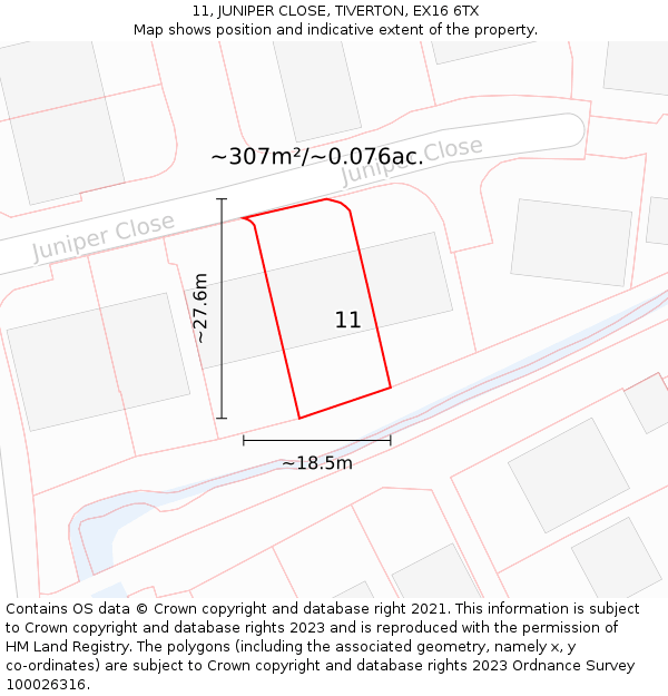 11, JUNIPER CLOSE, TIVERTON, EX16 6TX: Plot and title map