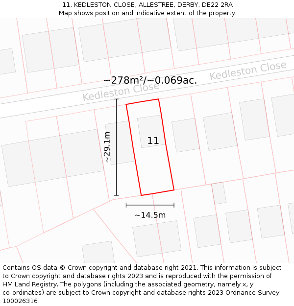 11, KEDLESTON CLOSE, ALLESTREE, DERBY, DE22 2RA: Plot and title map