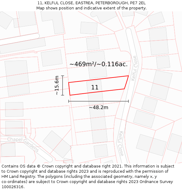 11, KELFUL CLOSE, EASTREA, PETERBOROUGH, PE7 2EL: Plot and title map