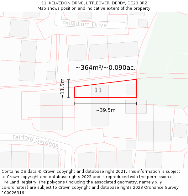11, KELVEDON DRIVE, LITTLEOVER, DERBY, DE23 3RZ: Plot and title map