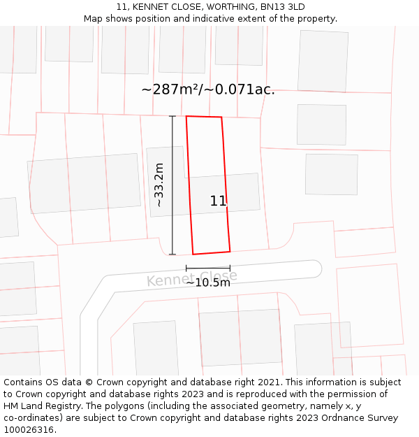 11, KENNET CLOSE, WORTHING, BN13 3LD: Plot and title map