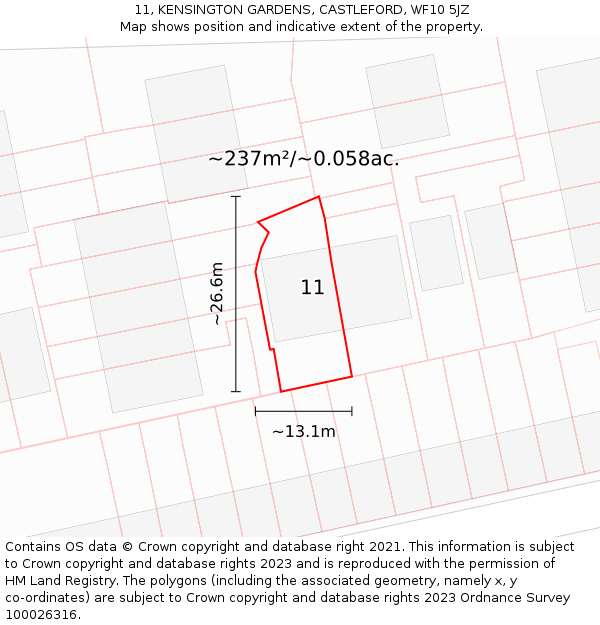 11, KENSINGTON GARDENS, CASTLEFORD, WF10 5JZ: Plot and title map