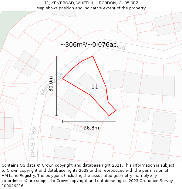 11, KENT ROAD, WHITEHILL, BORDON, GU35 9PZ: Plot and title map