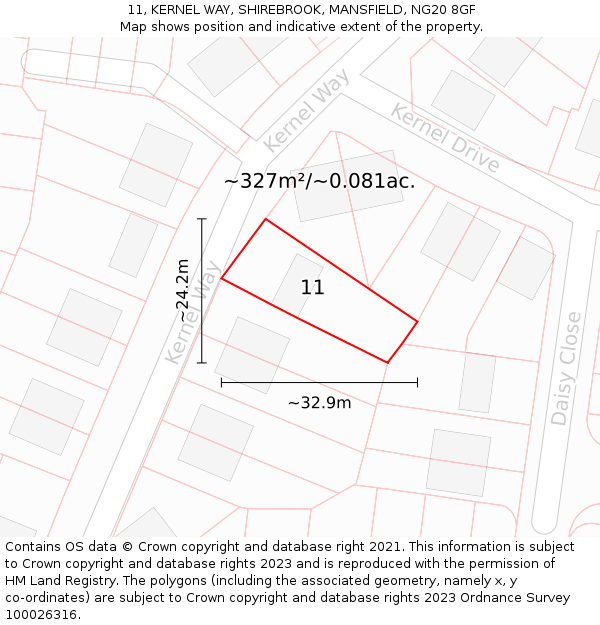11, KERNEL WAY, SHIREBROOK, MANSFIELD, NG20 8GF: Plot and title map